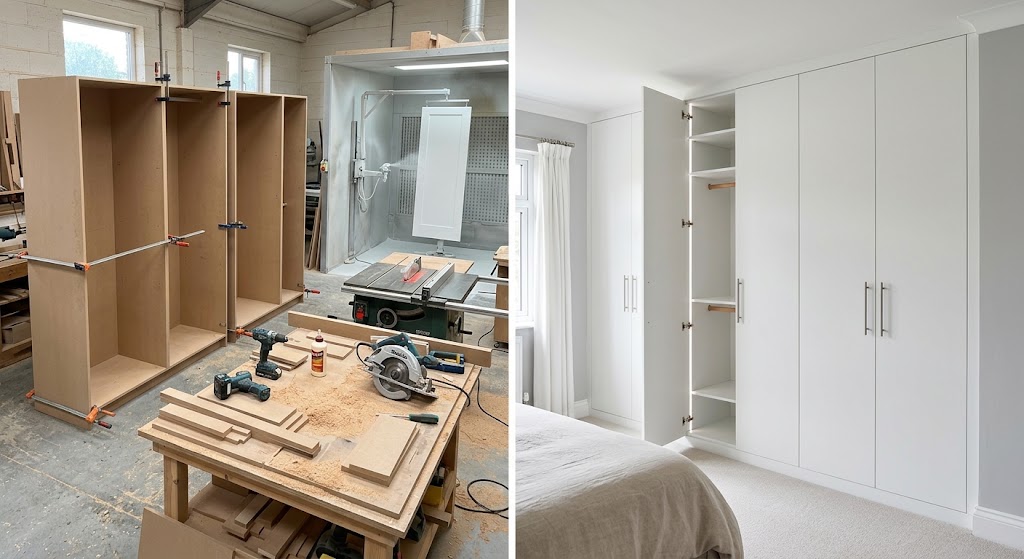 Full-wall wardrobes, in the workshop and fitted