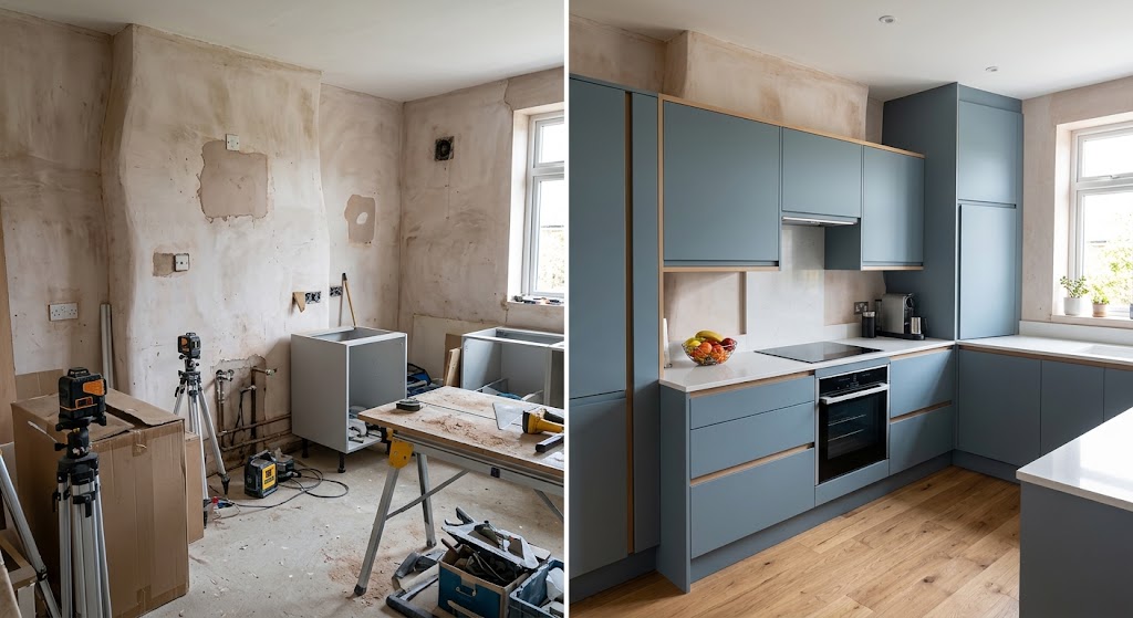 Kitchen fit, in the workshop and fitted