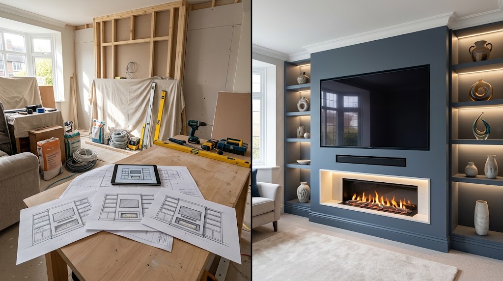 Media wall with fire recess, in the workshop and fitted