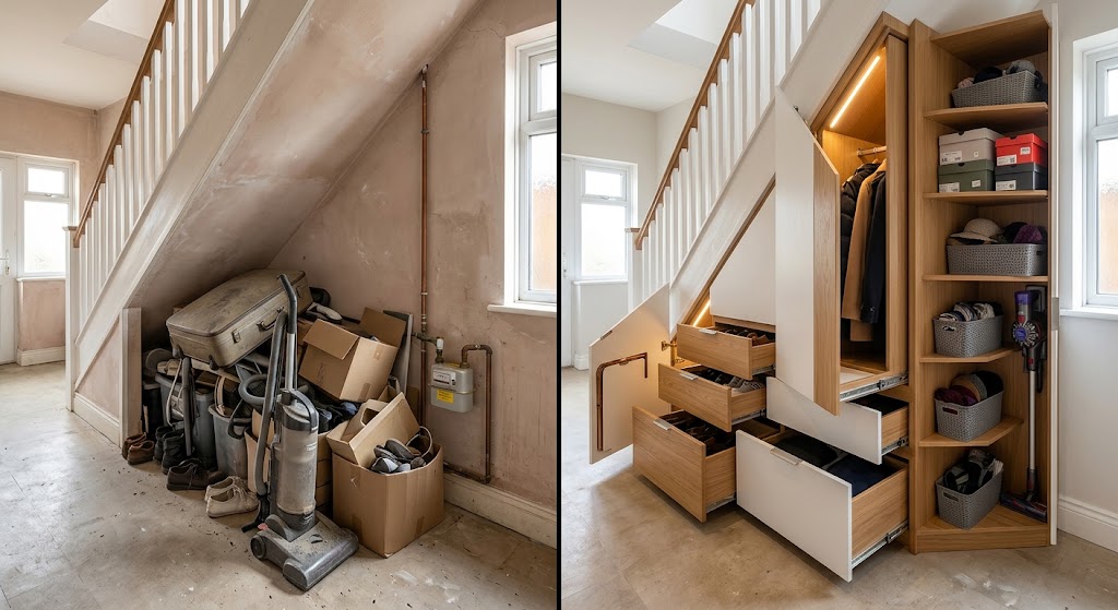 Under-stair storage, in the workshop and fitted