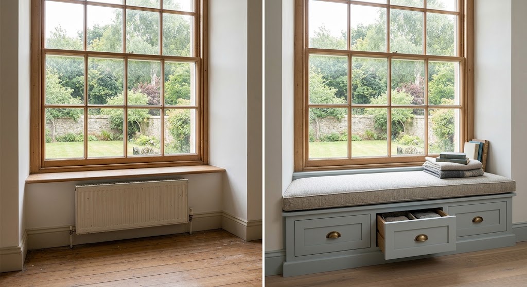 Window seat, in the workshop and fitted