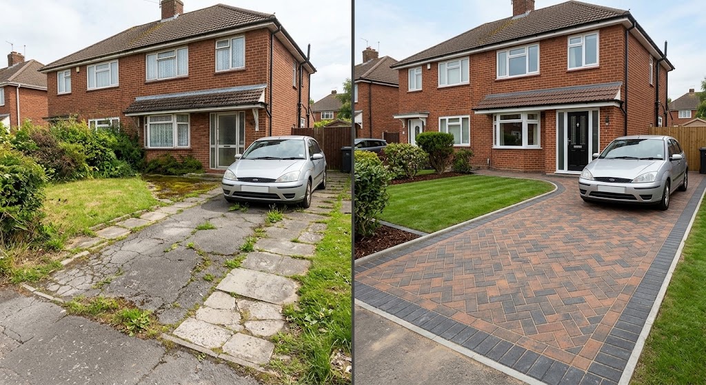 Block paved driveway, before and after