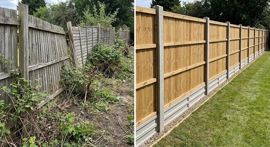 Fence run, eight panels, before and after
