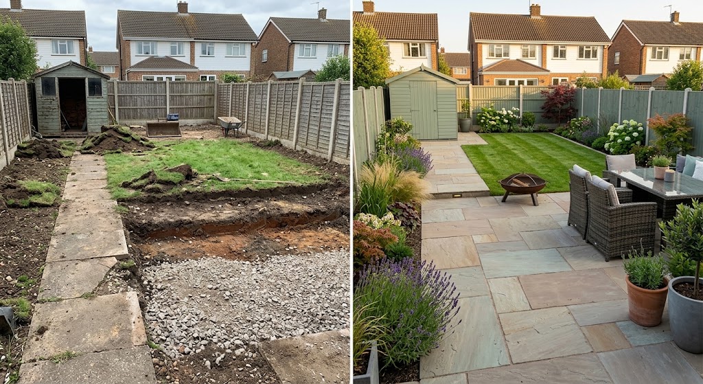Indian sandstone patio, before and after